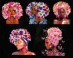5 Png Files - Black Breast Cancer Warrior Pink Flowers Hair Bundle Png file, Strong Black Woman Portrait, Pink Ribbon,Support Black Girl Png