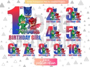 Pj Masks PJMASKS Birthday Girl PNG Sublimation Bundle