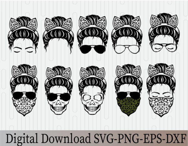 wtm 03 3 Vectorency Messy Bun with Headband SVG, Momlife SVG, Momlife, Mom Skull SVG, Messy Bun Classy Afro Woman SVG, Printable, Cricut & Silhouette