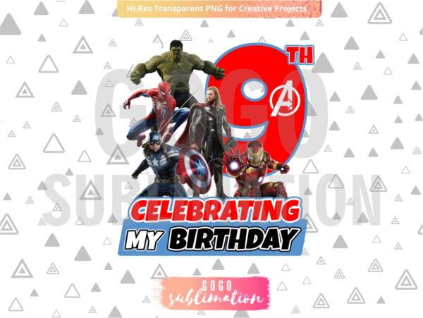 Marvel Avengers Celebrating My 9th Birthday T-Shirt Design PNG