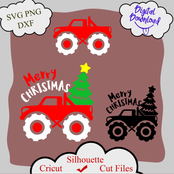 1635 1 Vectorency Christmas Truck SVG, Monster Truck SVG, Merry Christmas SVG DXF PNG, Kids Cut File, Boy Shirt Design, Holiday Clipart, Silhouette Cricut