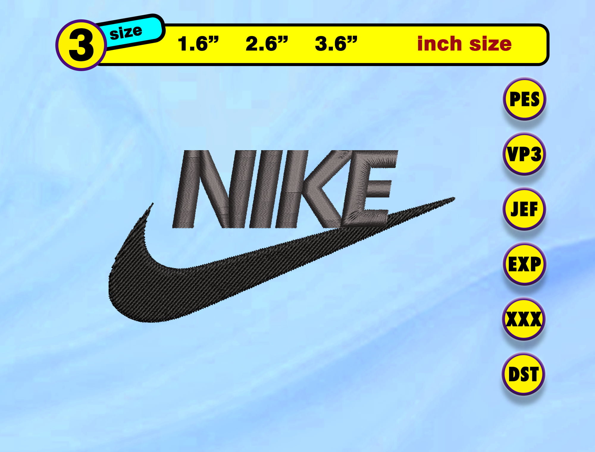 Nike Logo small design 3 sizes (1.6" , 2.6" , 3.6") pes,jef,dst,vp3,exp,xxx | Vectorency