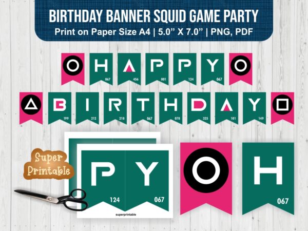 PDF Printable Birthday Banner Squid Game Party PNG