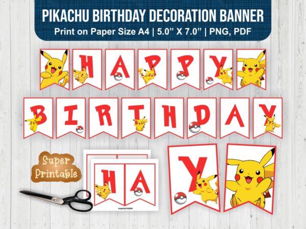 Printable banner pdf Pikachu birthday decoration banner