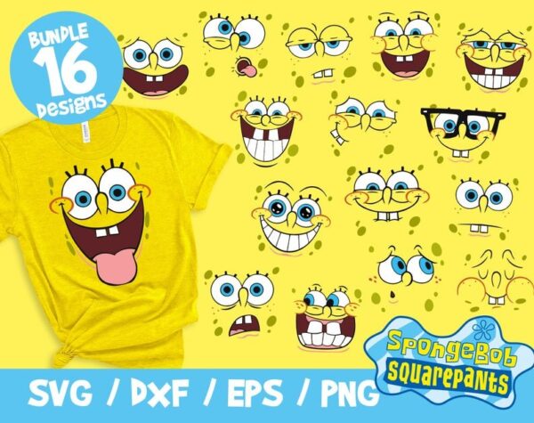 Spongebob Faces Bundle, Spongebob Digital Download ClipArt Graphic Wall Deco Vector SVG PNG DXF, Eps, Vinyl, Spongebob Svg, Spongebob Cricut