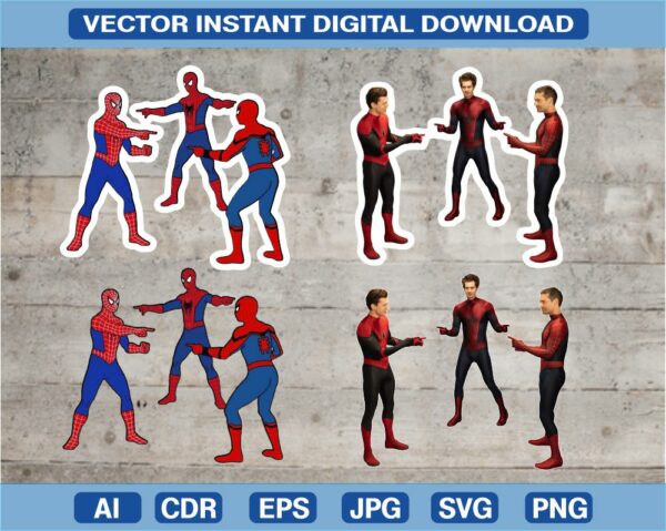 10003spiderman Vectorency 3 spidermans meme SVG, spiderman SVG, spiderman AI, JPG, SVG, PNG, EPS, CDR Files, Cutting Files, Silhouette, Cricut Design, Digital Download, Cameo
