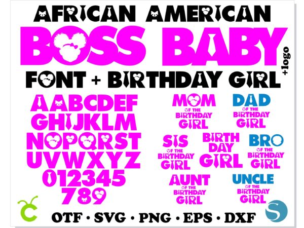 Afro Boss Girl Bundle 1 Vectorency African American Boss Girl Bundle | Boss Girl Font OTF SVG + Boss Baby Birthday Girl SVG PNG + Logo | Baby font svg, Girl Birthday shirt svg