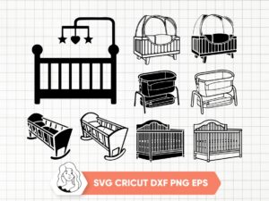 Baby Crib SVG Bundle, 9 Baby Crib Silhouette Clip Art, PNG