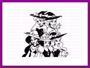 Princess Halloween Witches SVG Ariel, Elsa, Jasmine, Snow White, Belle - Outline Silhouette.