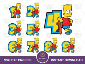Bart SVG, Simpson Birthday Theme Numbers, Cake Topper 1 2 3 4 5 6 7 8 9 PNG Printable