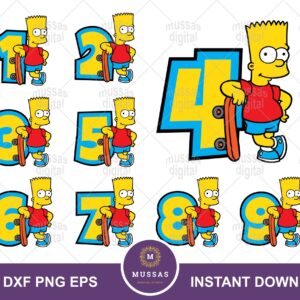 Bart SVG, Simpson Birthday Theme Numbers, Cake Topper 1 2 3 4 5 6 7 8 9 PNG Printable