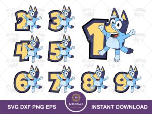 Bluey SVG, Bluey Birthday Numbers 1 2 3 4 5 6 7 8 9 PNG Print Vector