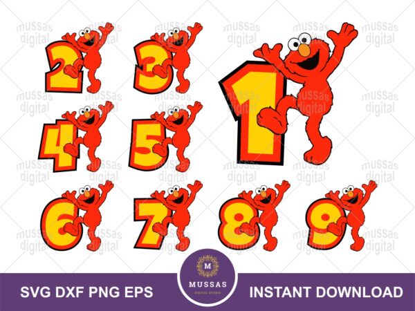 Elmo SVG, Sesame Street Birthday Numbers 1 2 3 4 5 6 7 8 9 PNG Print