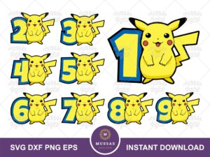 Pikachu SVG, Pokémon Birthday Theme Numbers 1 2 3 4 5 6 7 8 9 PNG Printable